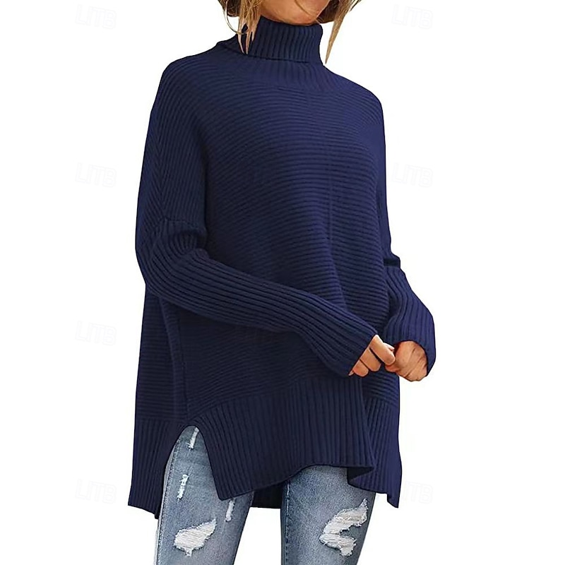 Women's Sweater Pullover Casual Soft Solid Color Ribbed Turtleneck Knitted Split Long Sleeve Regular Tops Knit Outdoor Daily Holiday Wine Red Fuchsia Fall Winter2