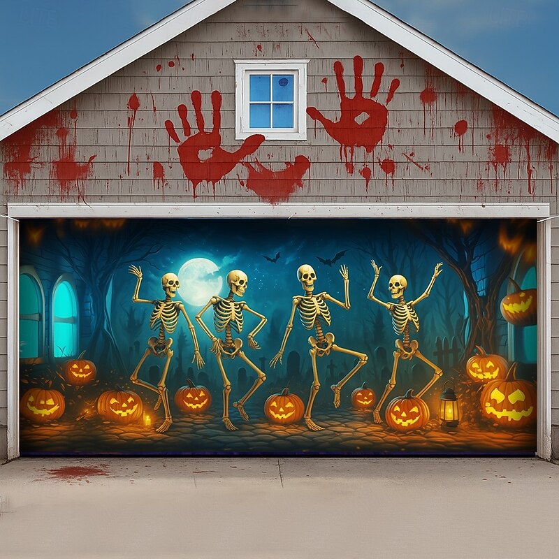 Halloween Garage Door Cover Dancing Skeletons and Pumpkins Banner, Large Tapestry Backdrop Decoration for Holiday Outdoor Garage Door and Home Wall, 2025 Halloween Decorations2