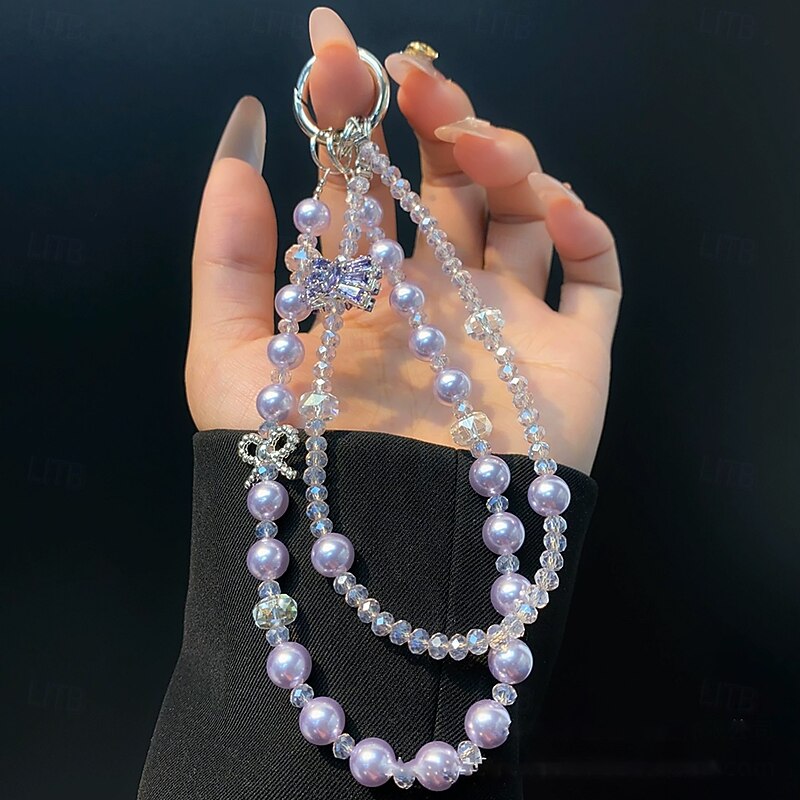 New Fashionable Diamond Bow Phone Chain Crystal Double Chain Pearl Pendant Creative Chain Premium Phone Chain2