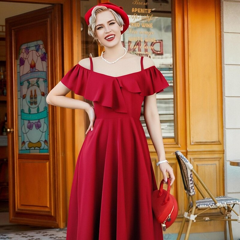 Retro Vintage 1950s Rockabilly Midi Swing Dress Flare Dress Off Shoulder with Pockets Solid Color Fancy Dress Women's Vacation Casual Retro Theme Party Adults Dress Spring & Summer