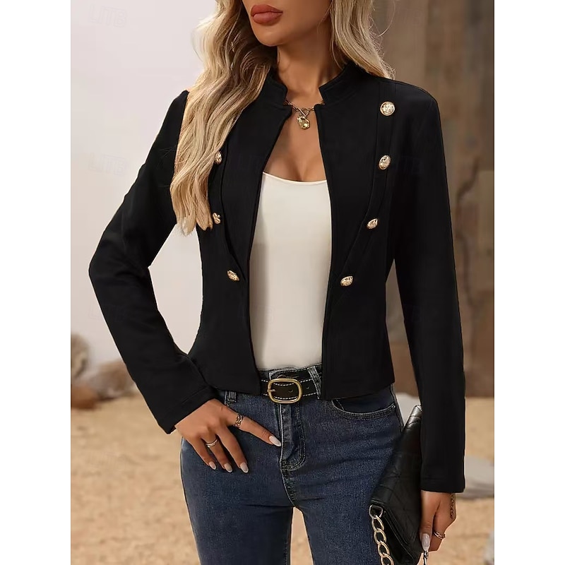 Women's Blazer Comfortable Breathable Buttons Fashion Modern Plain Work Daily Regular Stand Collar Regular Fit Long Sleeve Outerwear Black Spring Fall