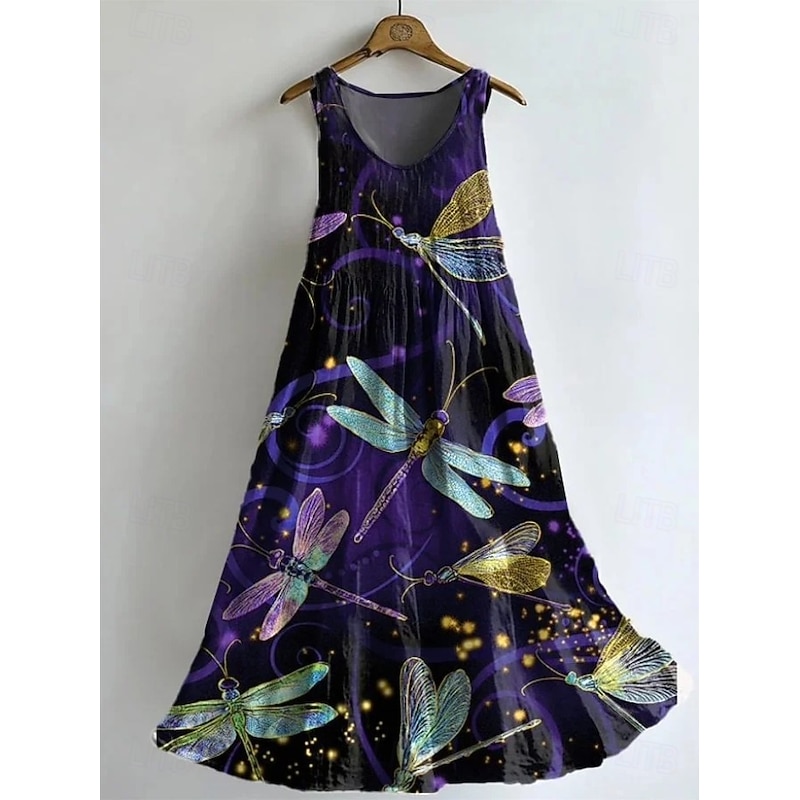 Women's Maxi Dress Sundress A Line Dress Slip Dress Pleated Dress Vacation Casual Boho Party Going out Beach Regular Fit Floral Graphic Dragonfly Sleeveless U Neck Deep Purple Light Purple Purple