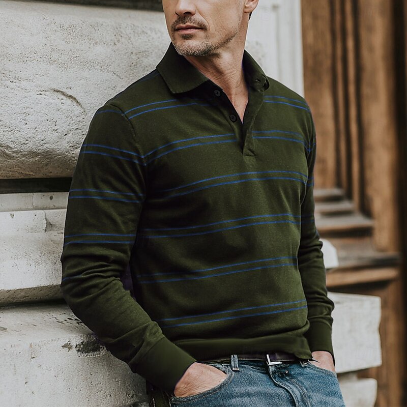 Men's Horizontal Stripes Rugby Polo Long Sleeve Polo Shirts Collared Shirts Sportswear Casual School Outdoor Athleisure 3D Print Spring Fall Winter Dark Brown Red Army Green4