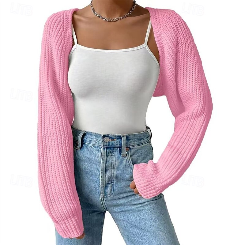 Women's Sweater Cardigan Fashion Streetwear Daily Solid Color Ribbed Open Front Knitted Long Sleeve Crop Tops Knit Holiday Going out Weekend Black White Fall Winter3