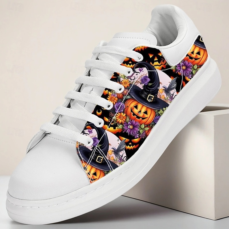 Men's White Sneakers with Colorful Pumpkin and Witch Pattern for Halloween Costumes, Festivals and Themed Events