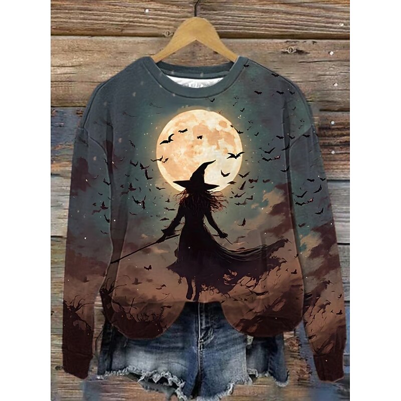 Halloween Women's Pullover Sweatshirt Witch Graphic Fashion Casual Long Sleeve Round Neck Regular Tops Street Dailywear Casual Print Blue Light Grey Dark Gray Fall Winter2