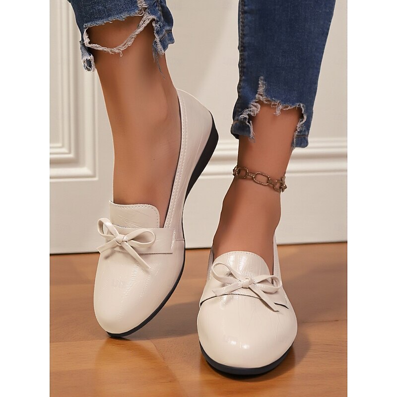 Women's Cream Faux Leather Loafers – Comfortable Bowknot Slip-On Wedge Flats, Casual Elegant Shoes for Office, Shopping and Daily Wear