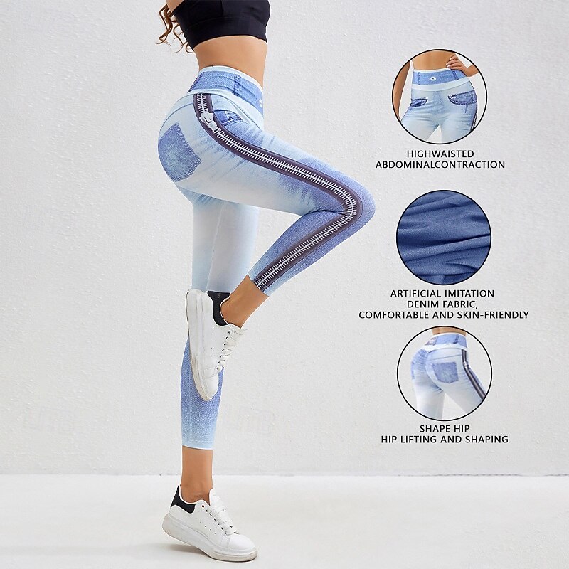 Women's Denim Print Fake Jeans Yoga Leggings Tummy Control High Waist Gym Dance Athletic Bottoms Blue Light Blue Gray Fall Sports Activewear Tight Fit2
