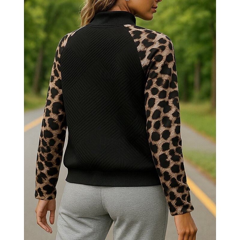 Women's Pullover Sweatshirt Casual Hoodies Pocket Long Sleeve Top Athleisure Leopard Sun Protection Windproof Outdoor Running Sportswear Activewear Black2