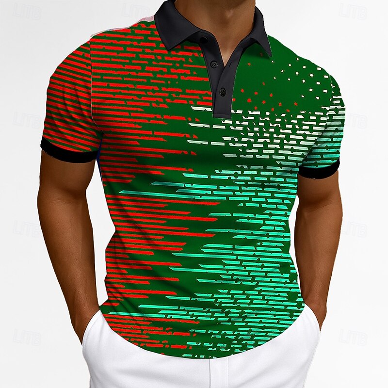 Men's Polo Business Casual Turndown Short Sleeve Fashion Geometric Color Block Buttons Summer Blue Green Polo2