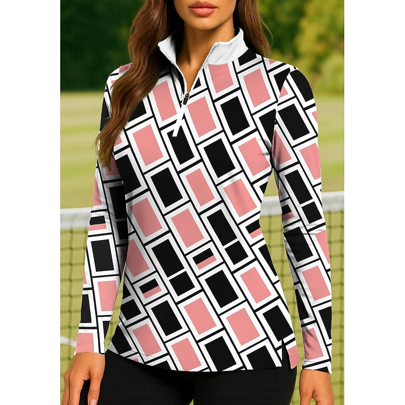 Women's Geometric Sweatshirt Golf Polo Shirt Tennis Shirt Long Sleeve Print Quarter Zip Pullover UV Protection Elastic Breathable Volleyball Tennis Golf Stand Collar Zip Collar Shirt Polo Pink Tennis3