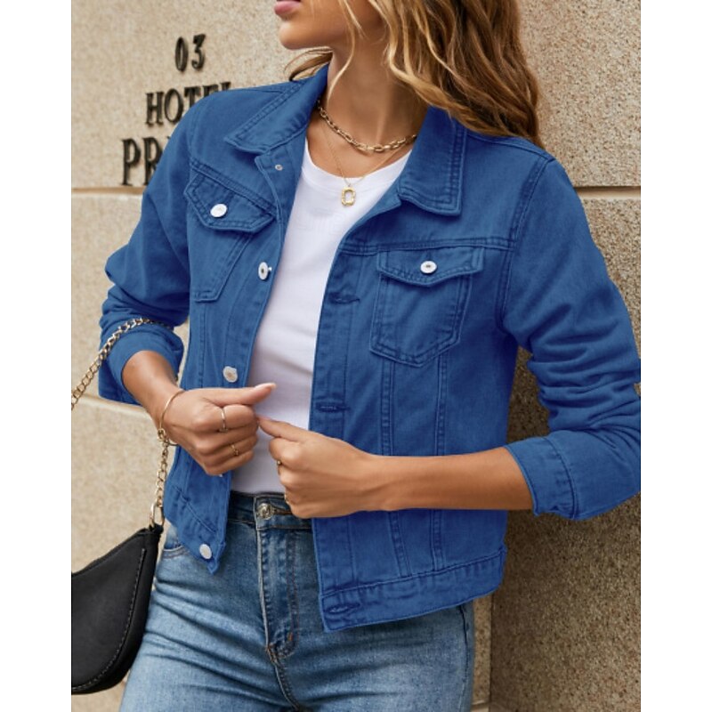Women's Denim Jacket Comfortable Pocket Buttons Casual Plain Holiday Weekend Single Breasted Regular Turndown Regular Fit Long Sleeve Outerwear Black White Yellow Fall