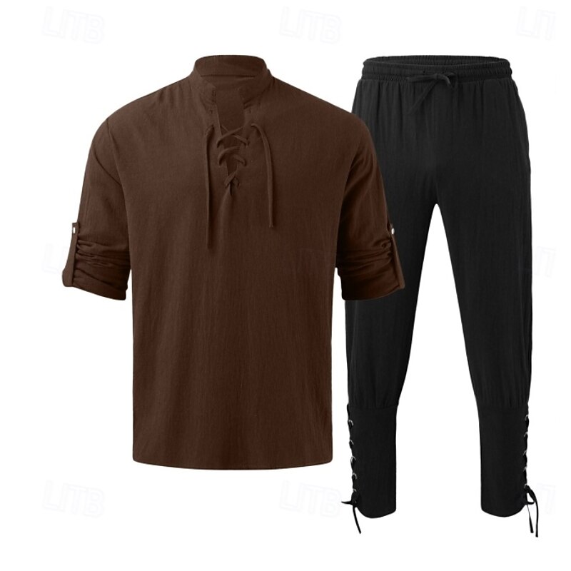 Retro Vintage Medieval Renaissance Pants Outfits Shirt Pirate Ranger Fancy Dress Men's Viking Halloween Carnival Masquerade Performance Masquerade LARP Adults' Shirt Pants3