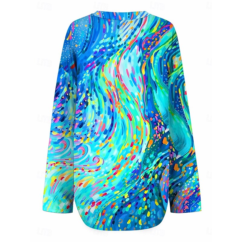 Women's Blouse Tunic V Neck Long Sleeve Boho Casual Tops Graphic Geometric Elegant Stylish Regular Tops Daily Print Blue2