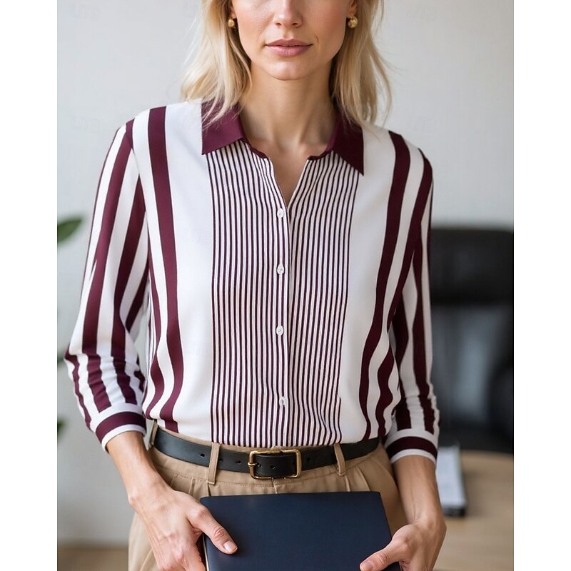 Women's Blouse Dressy Tops Chiffon Tops Color Block Striped Elegant Daily Stylish Long Sleeve Shirt Collar Regular Tops Work Daily Buttons Print Pink Wine Blue Brown Green Spring, Fall, Winter, Summer3