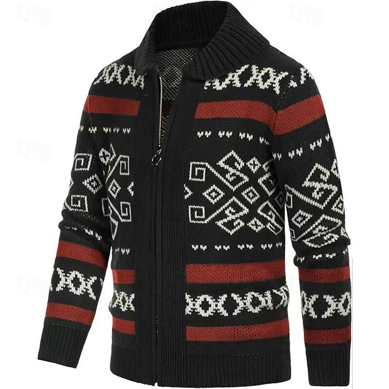 Men's Cardigan Sweater Cropped  Sweater Zip Sweater Knit Sweater Ribbed Knit Regular Tops Zipper Argyle Lapel Fashion Classic Vacation Daily Wear Clothing Apparel Fall Winter Black Red S M L2
