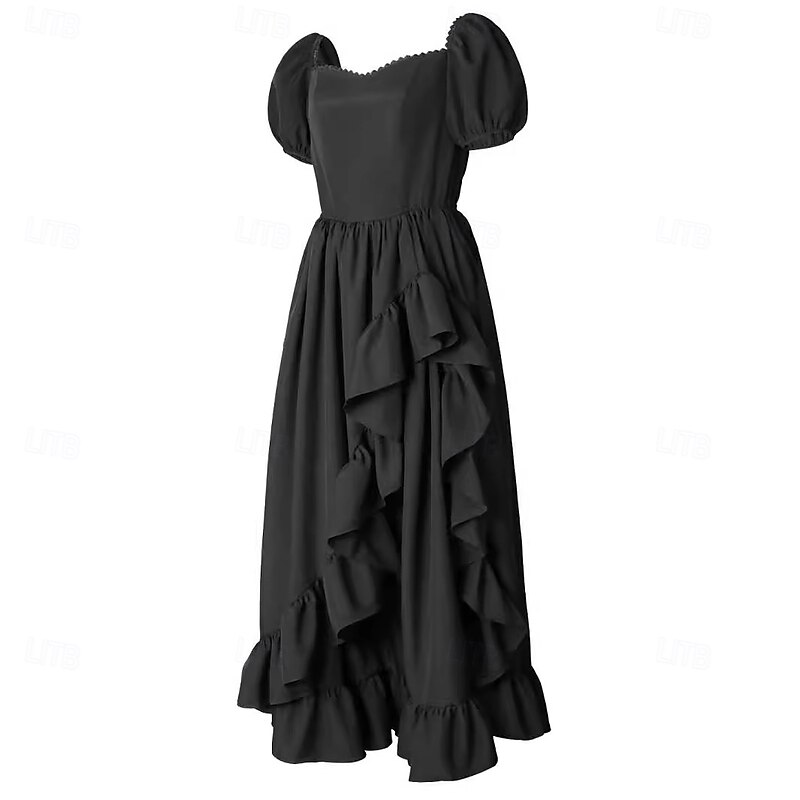 Retro Vintage Medieval Renaissance Midi Dress Viking Elven Ruffle Asymmetric Hem Square Neck Fancy Dress Women's Fantasy Halloween Carnival Vacation Casual Daily LARP Adults Dress Summer3