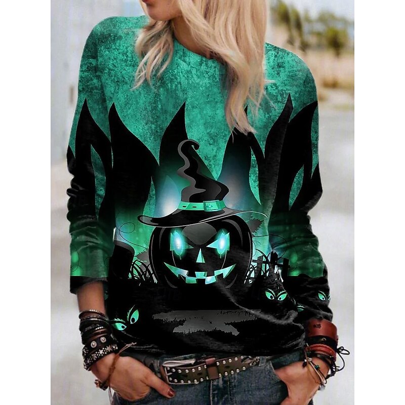 Halloween Women's T shirt Pumpkin Long Sleeve Crew Neck Long Sleeve Tunic Graphic Ghost Vintage Stylish Classic Round Neck Tops Daily Weekend Print Blue Purple Orange Green Spring Fall Prefall2