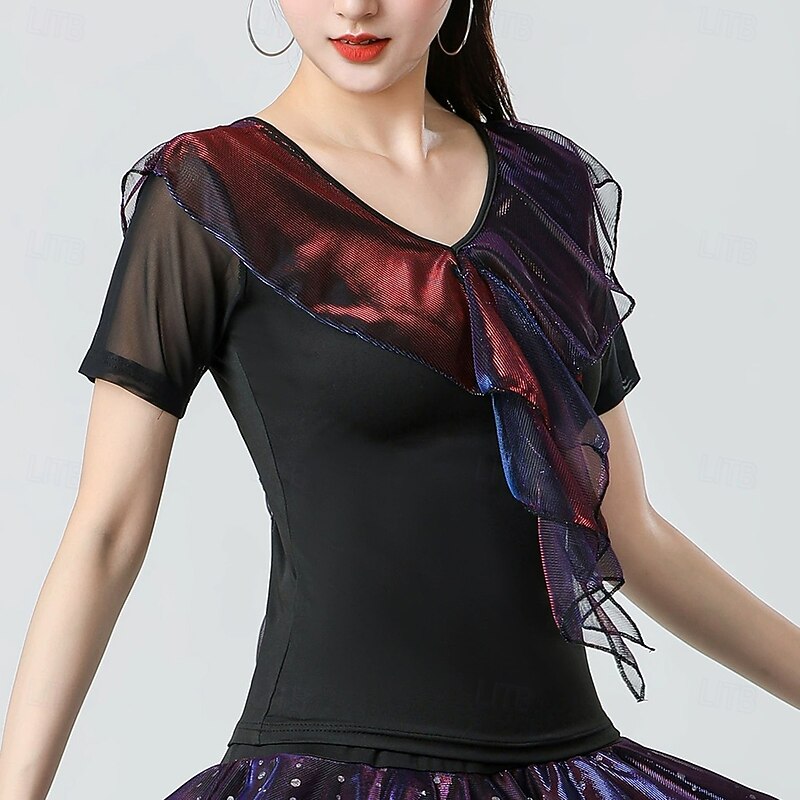 Latin Dance Top Pure Color Splicing Tulle Women's Performance Training Short Sleeve High Polyester3