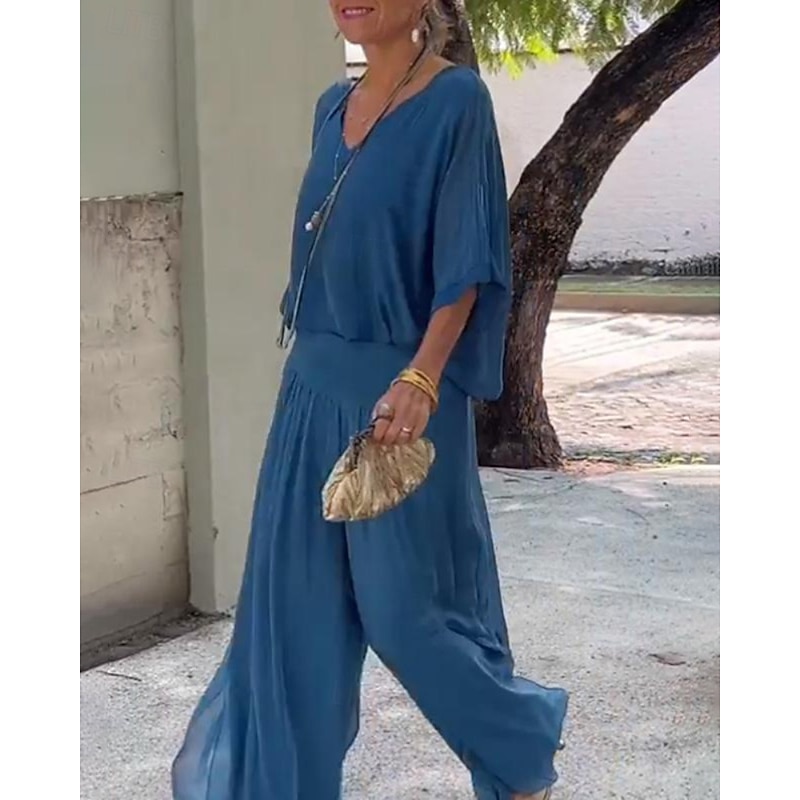 Women's Active Fashion Blouse Pants Sets Half Sleeve V Neck Solid Color Split Thigh Backless Holiday Going out Black White Light Green Fall Regular Fit3