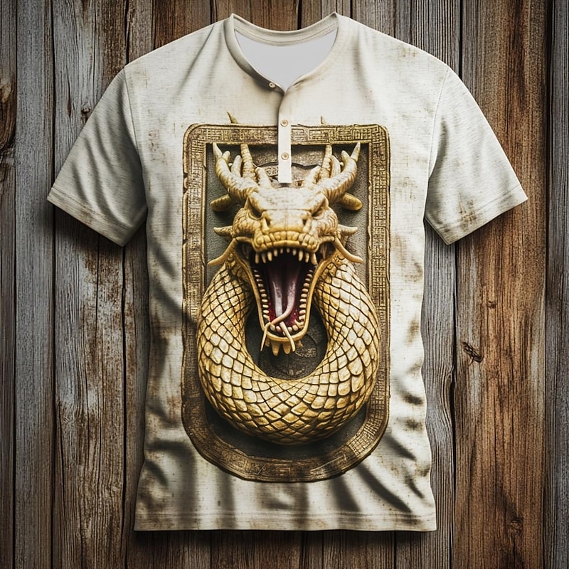 Men's Dragon T Shirt Henley Shirt Short Sleeve Vintage Designer Retro Vintage Street Casual Daily Summer Spring All Seasons White Henley Henley T-Shirt