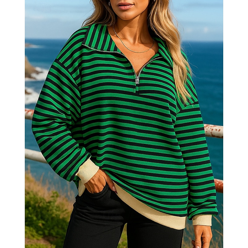 Women's Pullover Sweatshirt Casual Tops Quarter Zipper Fashion Long Sleeve Top Athleisure Fall Stripes Windproof Hiking Workout Running Sportswear Activewear Pink Red Blue