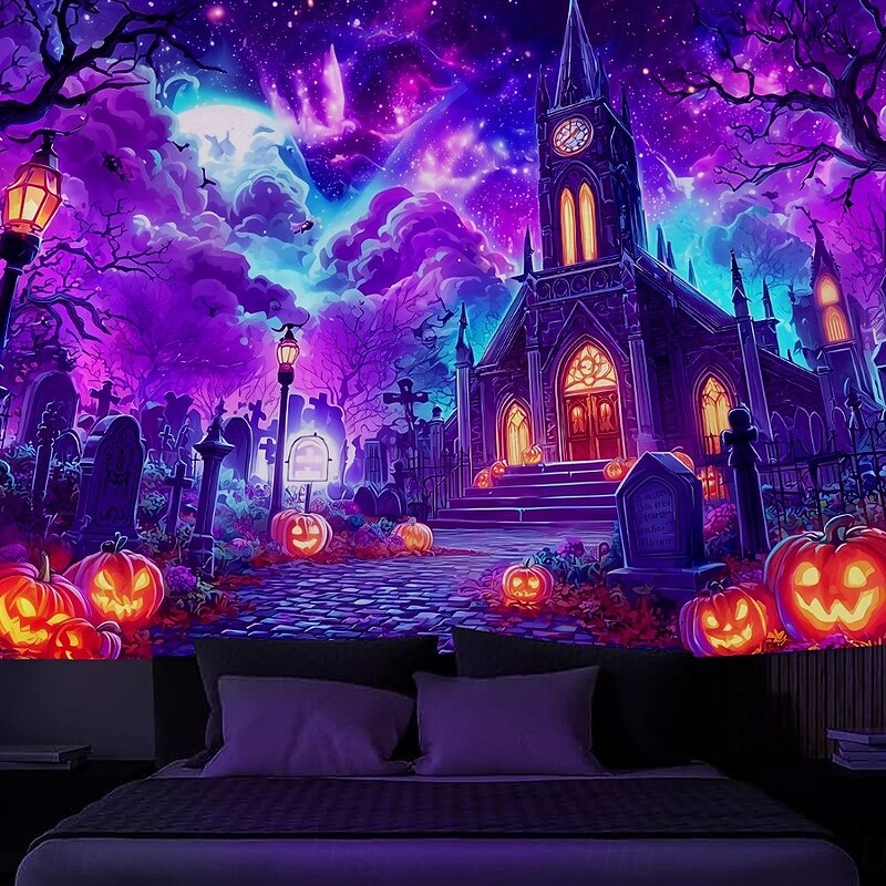 Halloween Blacklight Wall Tapestry – UV Reactive Haunted House with Flying Witch, Jack-o'-Lanterns and Full Moon, Neon Colors, Glow in the Dark Gothic Wall Hanging for 2025 Halloween Decoration3