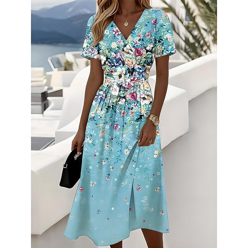 Easter Women's Elegant Midi Dress A Line Dress Wrap Dress V Neck Short Sleeve Going out Regular Fit Floral Graphic Blue Purple Orange Green2