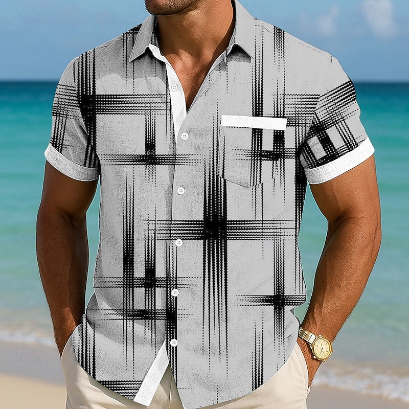 Men's Geometric Grid / Plaid Shirt Summer Shirt Button Up Shirt Short Sleeve Fashion Casual Vacation Holiday Streetwear Summer Turndown 3D Print Front One Pocket Linen Like Shirt White Pink Blue Gray4