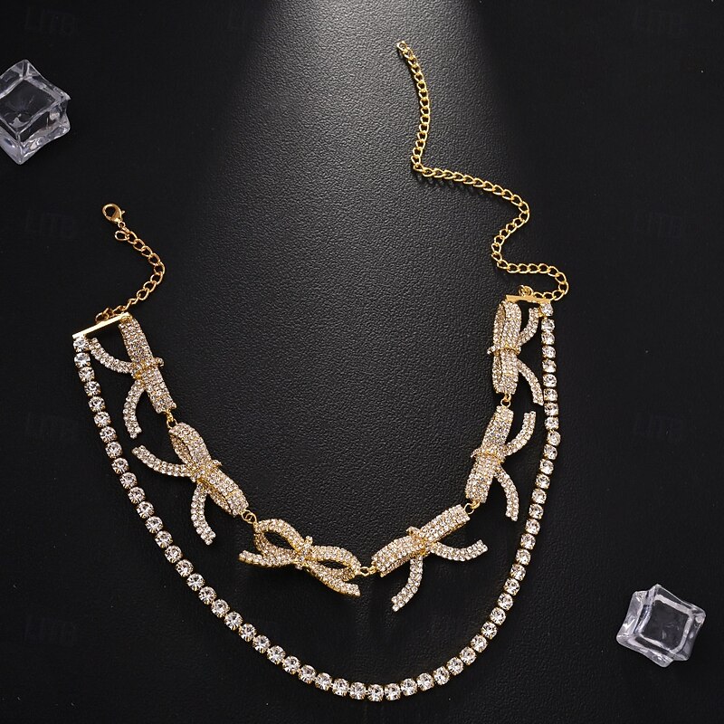 Choker Necklace Zircon Rhinestones Women's Fashion Artistic Luxury Double Layered Bowknot Wedding Circle Necklace For Wedding Party Daily2