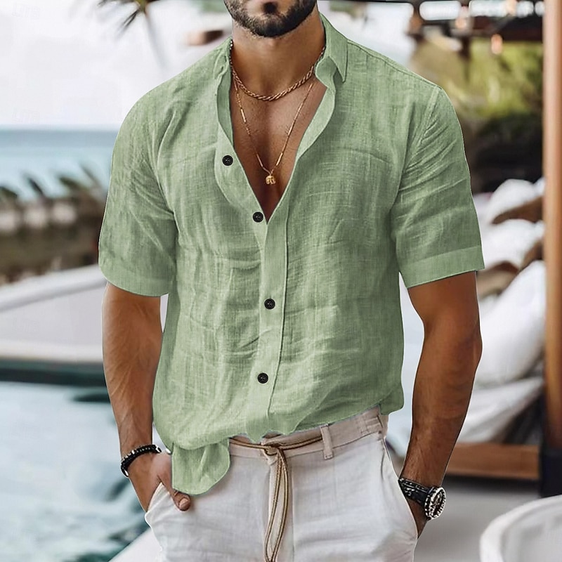 Men's Linen Shirt Casual Shirt Cotton Linen Shirt Button Up Shirt Solid / Plain Color Vacation Daily Wear White Light Green Pink Dark Navy Short Sleeve Lapel All Seasons Clothing Apparel Buckle4