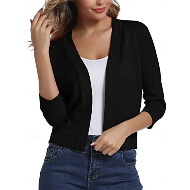 Women's Cardigan Fashion Basic Pure Color Open Front Thin Long Sleeve Regular Tops Knit Outdoor Daily Black White Fall Winter2