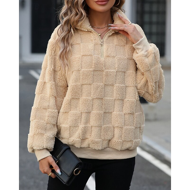 Women's Pullover Sweatshirt Sweatshirts Plain Streetwear Casual Long Sleeve Turtleneck Regular Tops Street Going out Half Zipper Quarter Zipper Zipper Beige Winter3