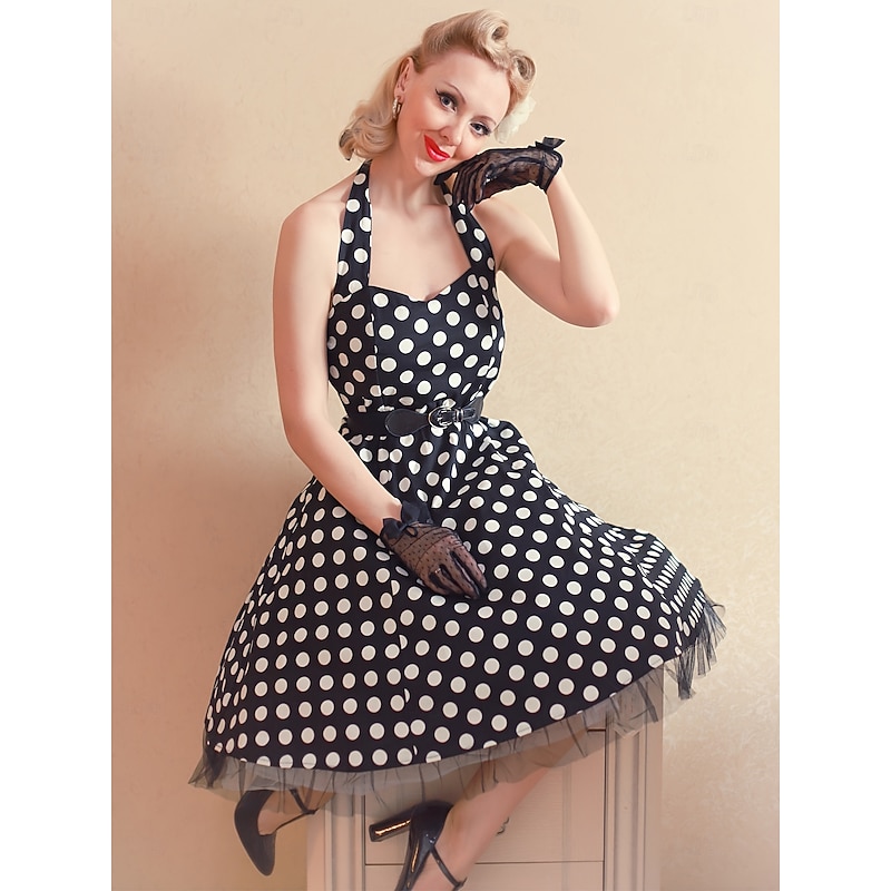 Vintage 1950s Rockabilly Knee Length Flapper Dress Dress A Line Dress Polka Dot Fit & Flare Halter Neck Fancy Dress Women's Halloween Carnival Valentine's Day Party Casual Tea Party Adults' Dress