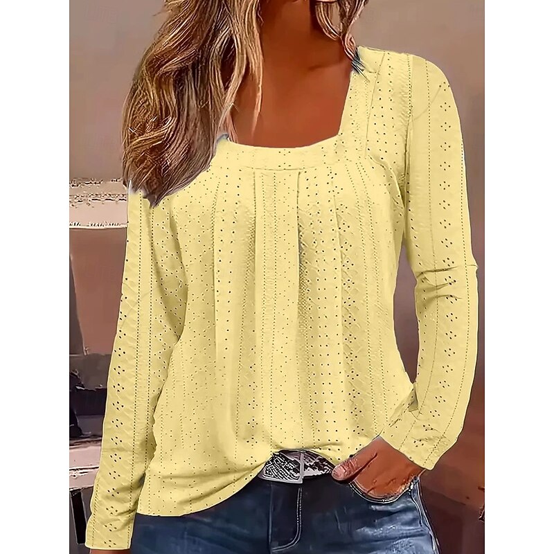 Women's Shirt Lace Shirt Solid Color Graphic Plain Elegant Vintage Stylish Long Sleeve Square Neck Regular Tops Daily Going out Vacation Wear Print White Yellow Rose Pink Light Blue Spring Fall3