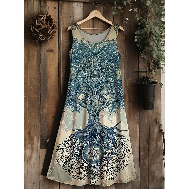 Women's Tree of Life Merkabah Midi Dress Sundress A Line Dress Vacation Casual Boho Wedding Party Going out Standard Fit Floral Graphic Leaf Sleeveless U Neck Blue Dark Green Purple Green Summer3