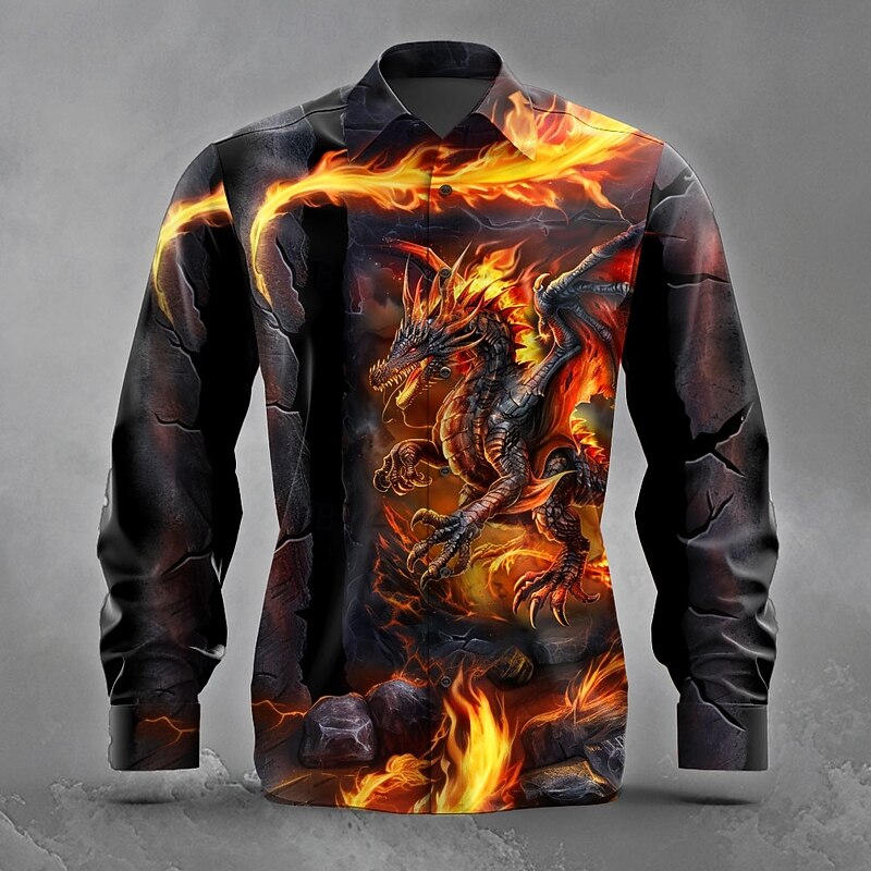 Men's Animal Dragon Ripped Shirt Button Up Shirt Long Sleeve Dark Punk Gothic Style Holiday Streetwear Summer Spring Turndown 3D Print Collared Shirts Yellow Purple Orange Green