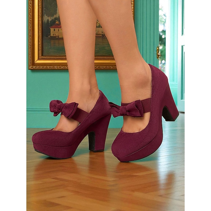 Women's Burgundy Mary Jane Platform Heels with Bows – 1950s Retro Chunky High Heel Shoes for Parties, Cosplay, and Vintage-Inspired Outfits
