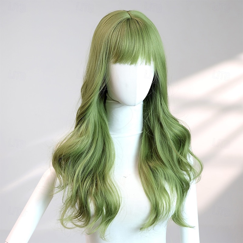 22‑Inch Green Ombre Wavy Wig with Bangs – Grass Green Long Hairpiece, Ideal for Halloween Costume, Cosplay & Photo Shoots3