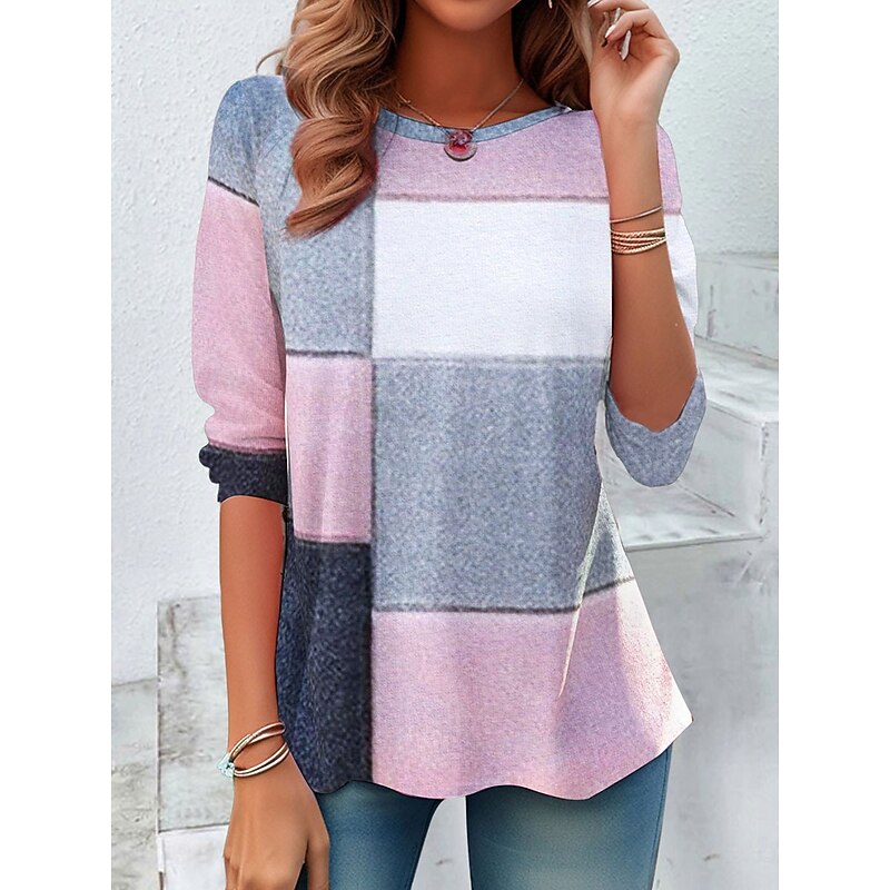 Women's T shirt Crew Neck Long Sleeve Tunic Graphic Geometric Casual  Round Neck Regular Tops Daily Print Pink Purple Green Fall