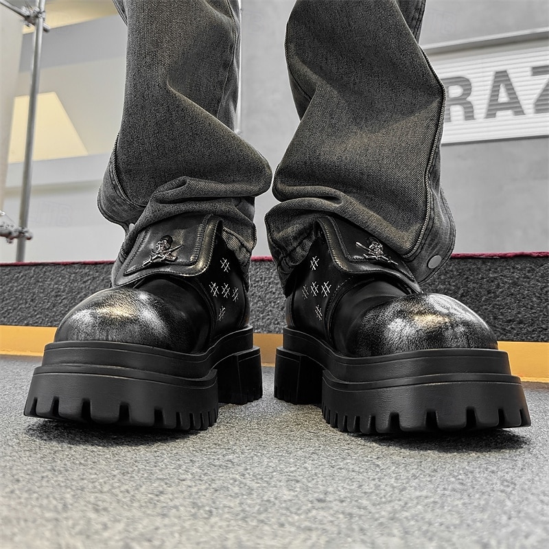 Men's Skull Buckle Platform Loafers – Gothic Punk Slip-On Shoes with Cross Stitch Detail for Halloween & Alternative Style3