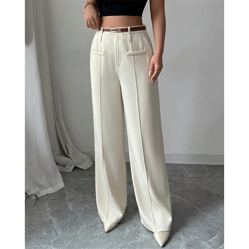 Women's Wide Leg Pants Trousers Palazzo Pants Fashion Streetwear Full Length High Waist Plain Pocket Breathability Comfortable Street Daily Wear Going out White Spring Fall Regular Fit4