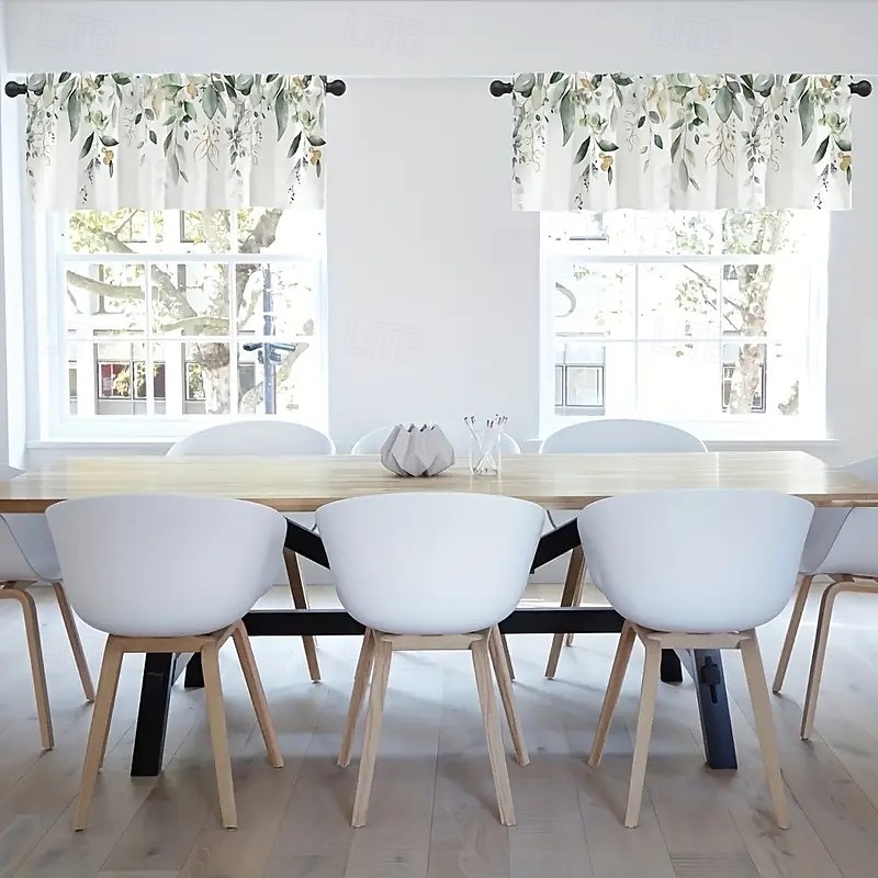 1 Piece Of 54 Inch * 18 Inch Green Leafy Vegetable Kitchen Short Curtain -100% Polyester Machine Washed Pole Mouth Curtain With Eyelets Translucent Leaf Design Suitable For Living Room Bedroom Bathroom2