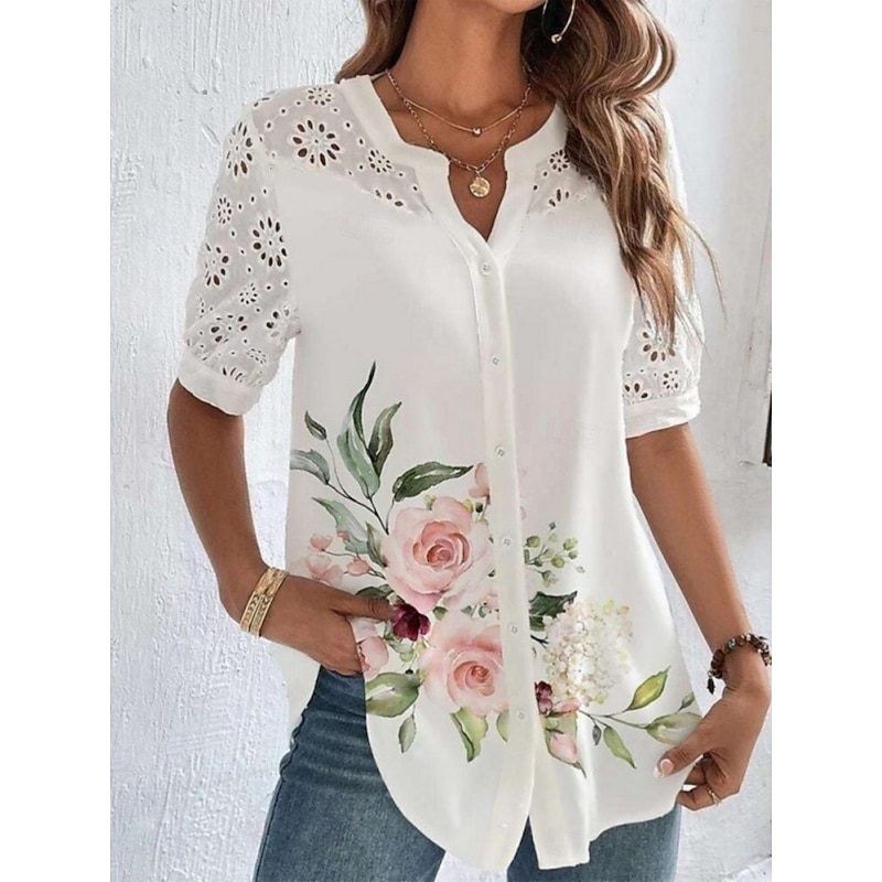 Women's Shirt Blouse Floral Stylish Casual Short Sleeve Shirt Collar Regular Tops Daily Lace Patchwork Buttons Pink Blue Summer Spring
