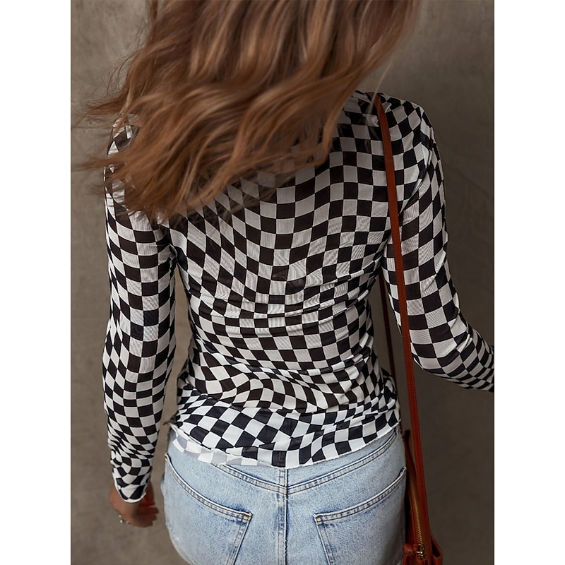 Women's Blouse Plaid Stylish Casual Long Sleeve Crew Neck Regular Tops Daily Print Black Pink Apricot Summer Spring Fall2