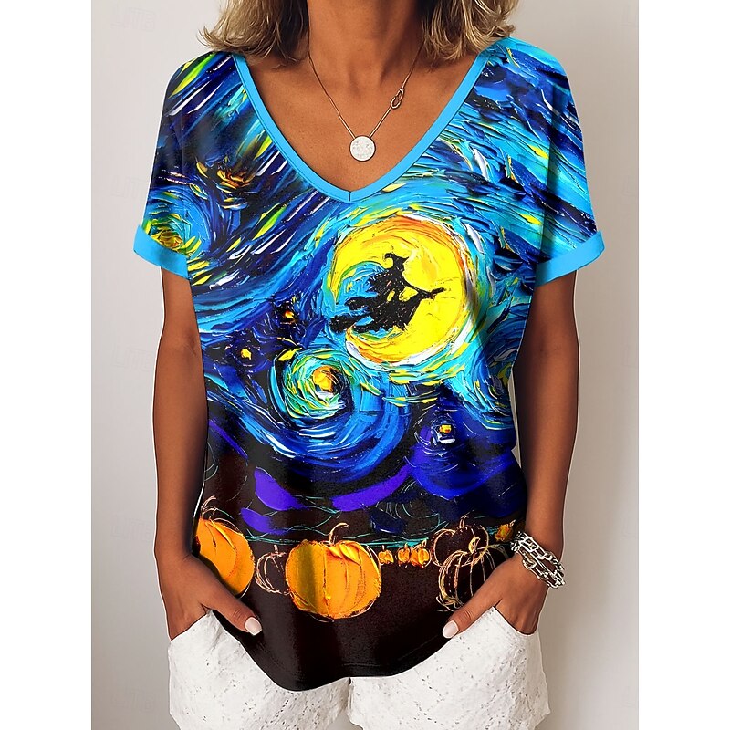 Halloween Women's T shirt Witch Graphic Abstract Vintage Casual Short Sleeve V Neck Regular Tops Daily Weekend Vacation Wear Print Blue Orange Green Summer Fall