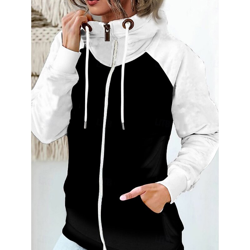 Women's Pullover Hoodie Sweatshirt Color Block Casual Long Sleeve Hooded Regular Tops Street Dailywear Zipper Pocket White Red Khaki Army Green Fall Winter3