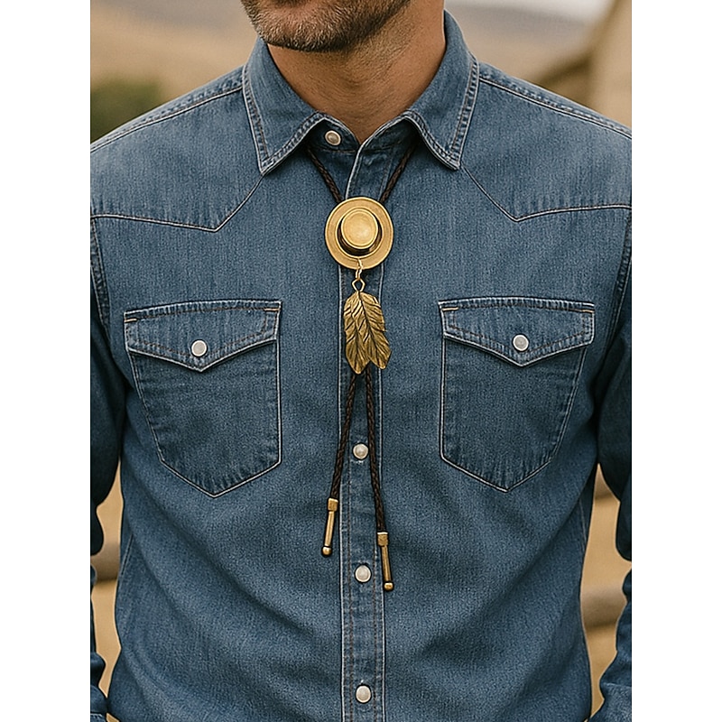 Men's Western Cowboy Hat Bolo Tie – Alloy Feather Pendant Leather Rope Necklace for Rodeo, Country Party & Denim Outfit3
