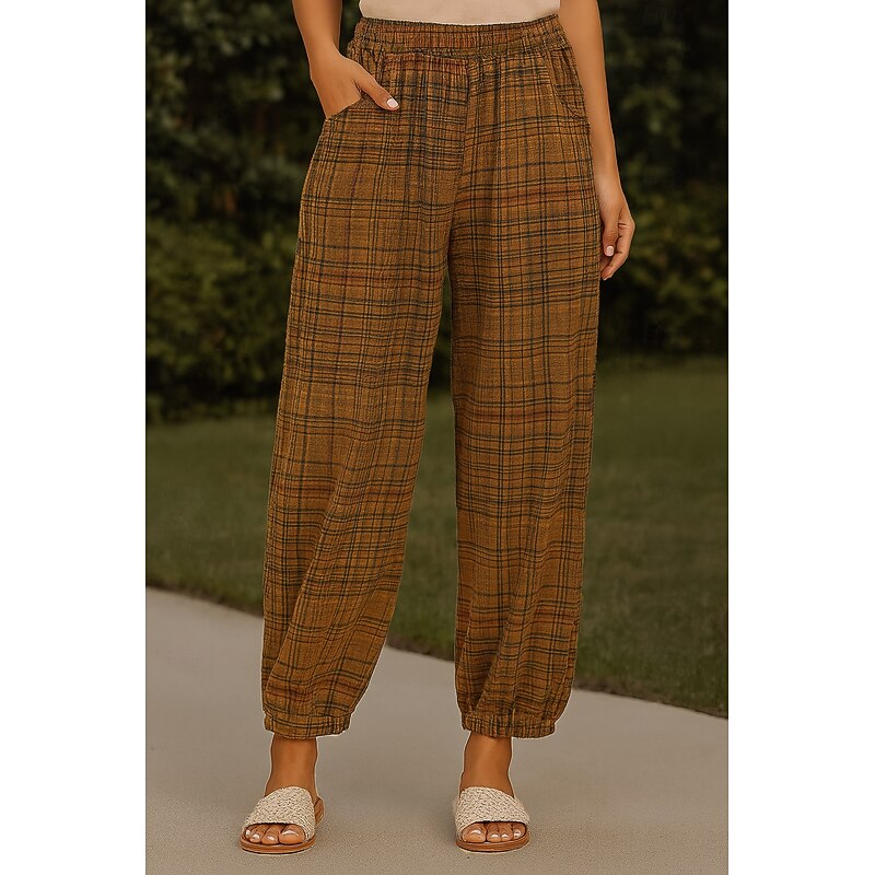 Women's Cotton Linen Pants Chinos Vacation Vintage Ethnic Style Full Length High Waist Plaid Pocket Drawstring Print Comfort Outdoor Stretchy Vacation Street Causal Yellow Orange Summer Spring2