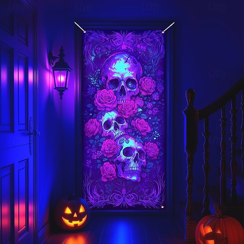 Halloween Door Cover Neon Skull and Roses Banner, Glowing Blacklight Entrance Decoration for Outdoor & Indoor 2025 Halloween Bedroom, Living Room, Bathroom4
